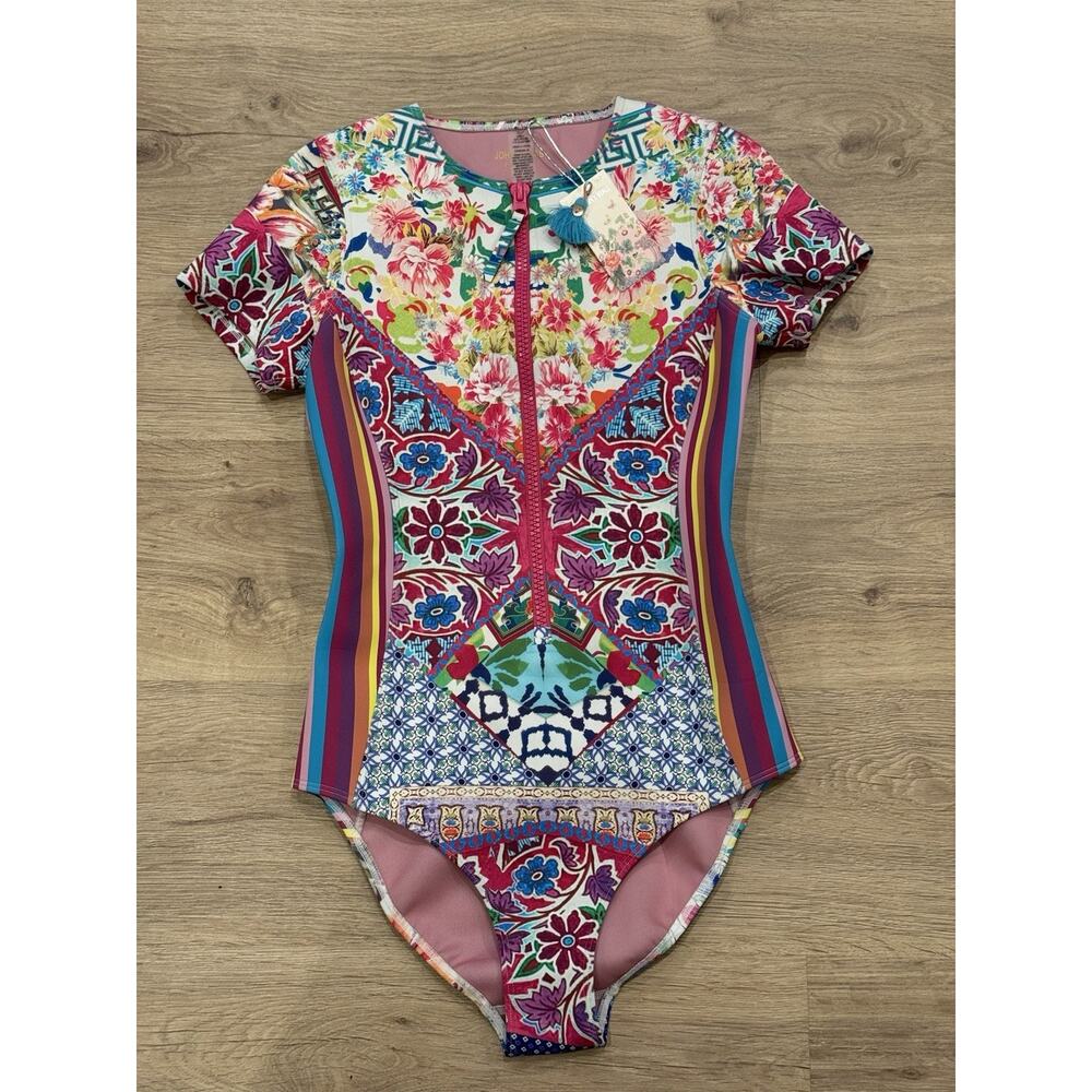 $298 Johnny Was Floral Striped Locita Surf Scuba One Piece Swimsuit, Sz S, NWT